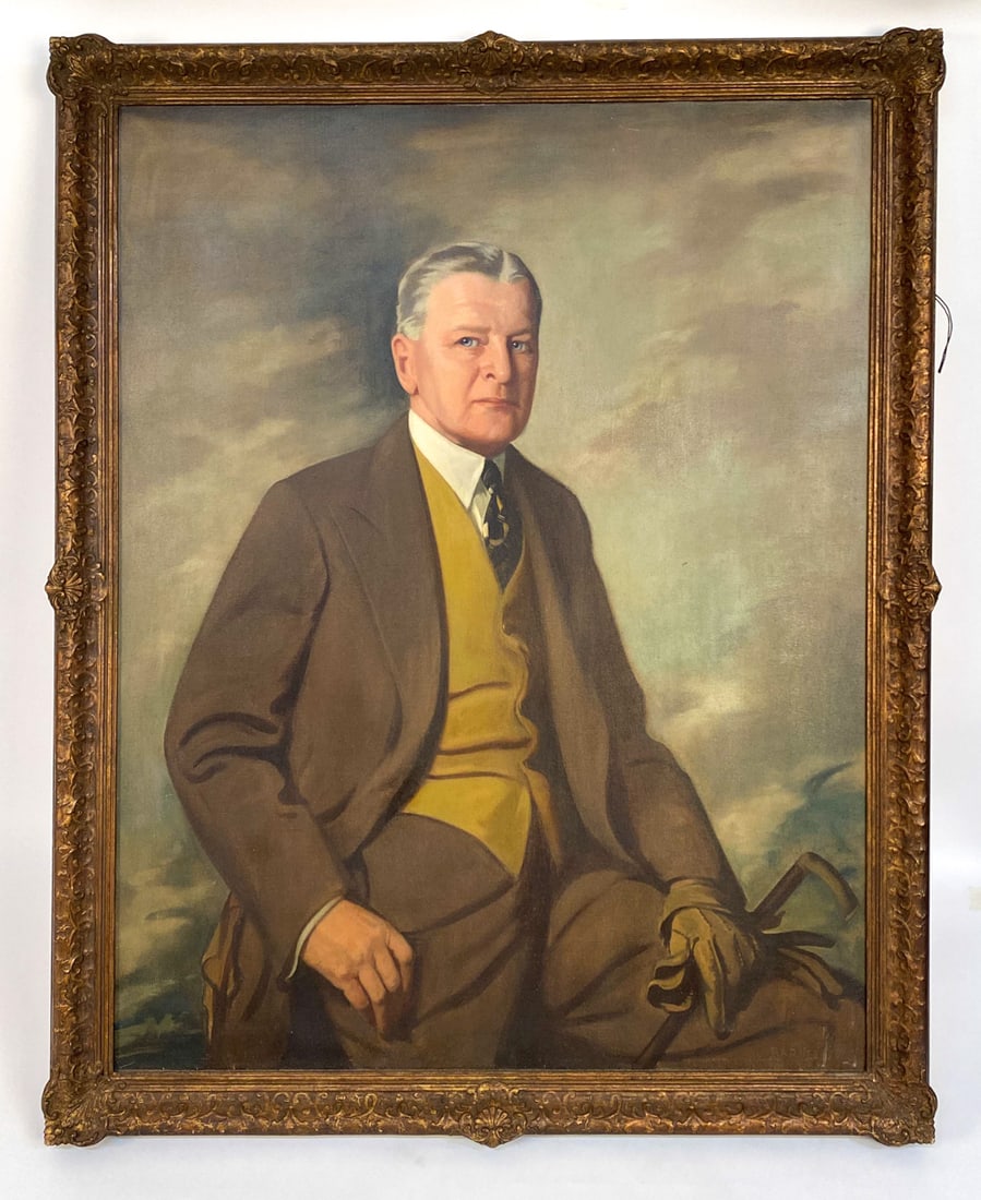 ARCHIBALD BARNES, CANADIAN (1887-1972) PORTRAIT: Signed lower right corner. Dimensions: (Frame) H 51.5" x W 41.5", (Painting) H 46" x W 36" Condition: Unvarnished. Some spots of light surface rubbing. Rubbing on gilded frame. Wear consistent with ag