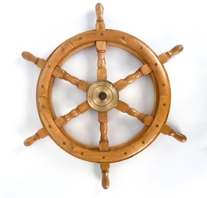 VINTAGE OAK & BRASS SHIP'S HELM WHEEL