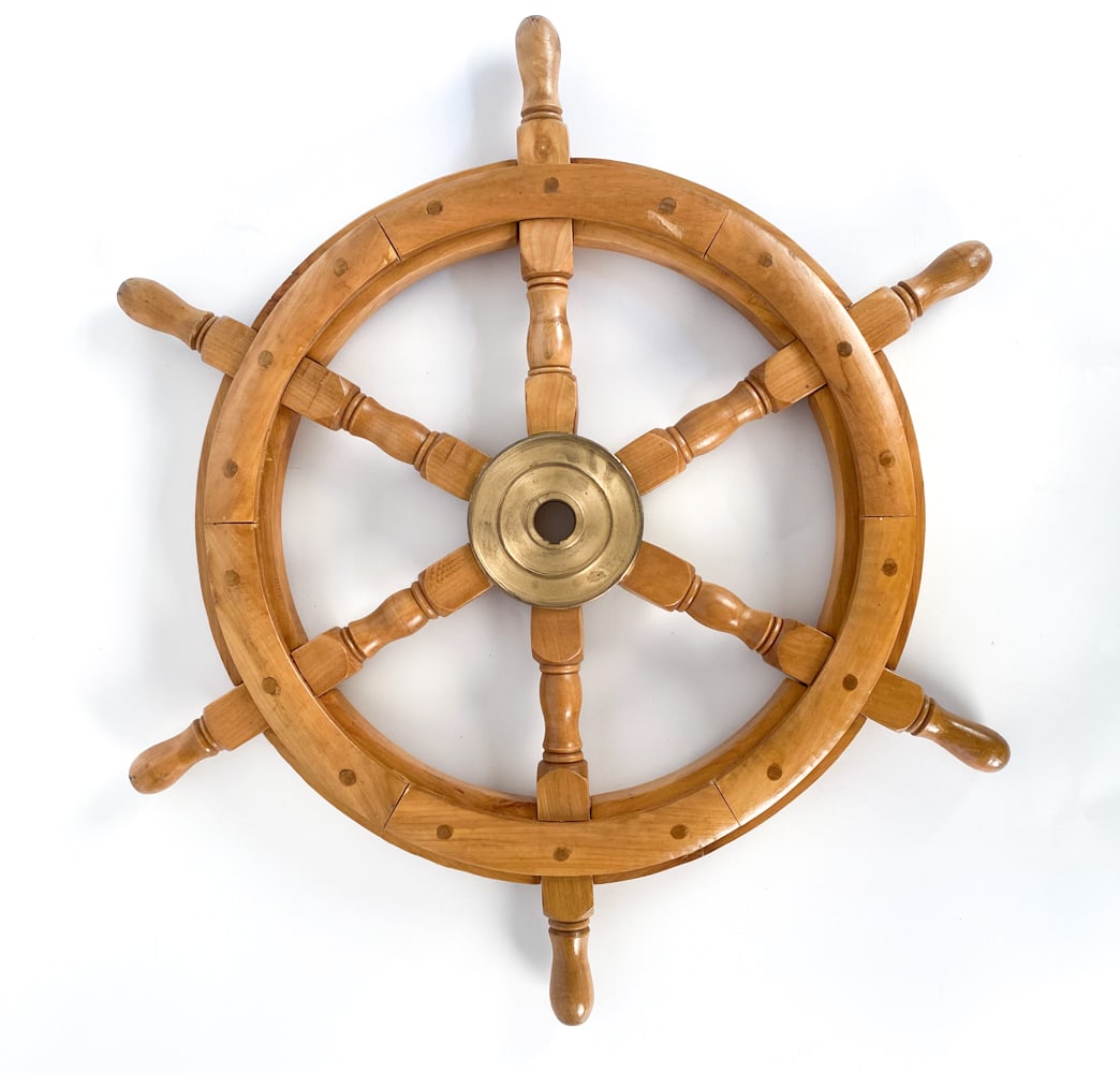 VINTAGE OAK & BRASS SHIP'S HELM WHEEL (1 of 8)