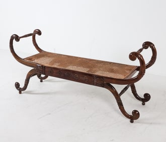 REGENCY STYLE SCROLL END CANE BENCH 20TH C.