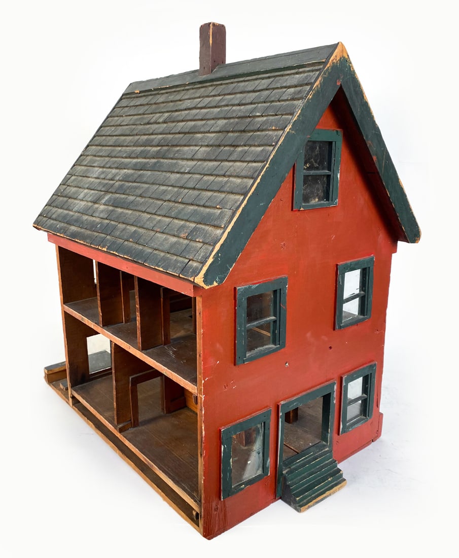 ANTIQUE AMERICAN FOLK ART DOLLHOUSE: Dimensions: H 29" x W 27" x D 16" Condition: Portico missing. Appears to have some steps missing. Some glass missing. Wear, rubbing, etc.