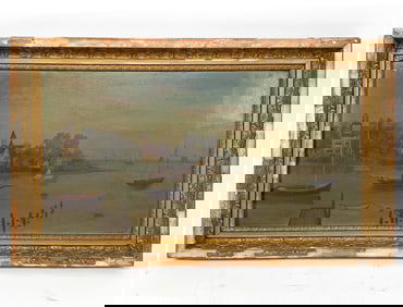 ANTIQUE 19TH C. HARBOR PAINTING O/B
