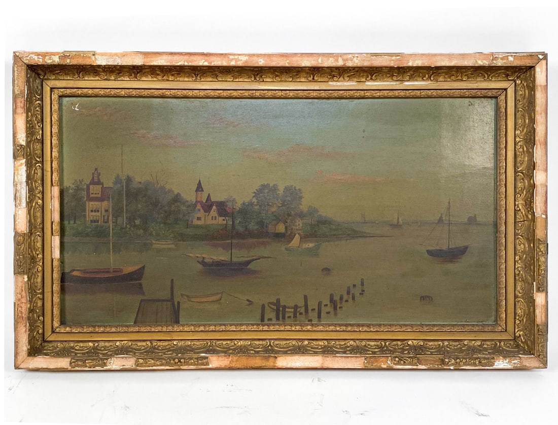 ANTIQUE 19TH C. HARBOR PAINTING O/B (1 of 3)