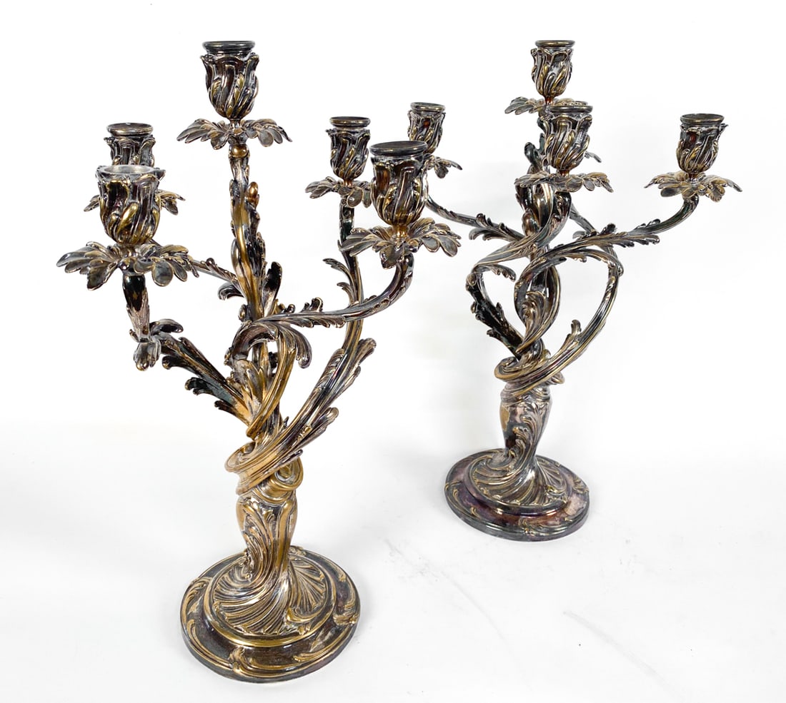 PAIR OF LOUIS XV FRENCH SILVER PLATE CANDELABRAS (1 of 9)