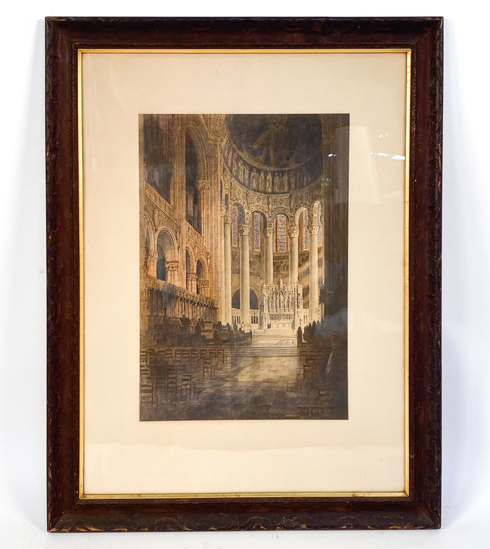 E. DONALD ROBB ANTIQUE CHURCH INTERIOR PRINT: Hand painted etching. Marked in plate. E Donald Robb. 1911 Dimensions: Frame: H 33.75" x W 25.5" Sight: H 20.25" x 13.5" Condition: Rubbing and scuffs on frame edges. Wear consistent with age and use.