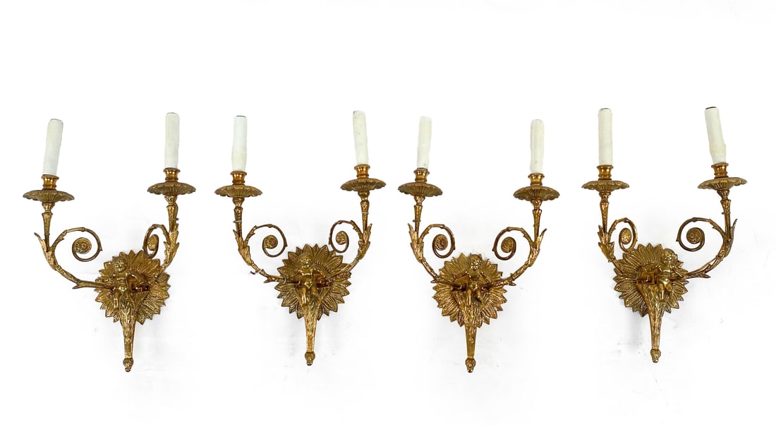 ITALIAN FIGURATIVE CHERUB SCONCE GROUPING: Contemporary. Dimensions: H 19.5" x W 11.5" x D 7". Condition: Wiring untested. Few light rubs and scuffs to finish, good presentation overall.