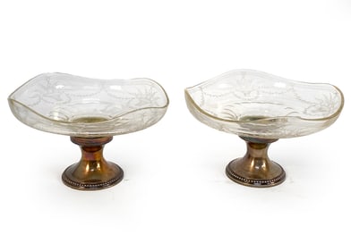 PAIR OF SILVER PLATE & ETCHED GLASS CANDY DISHES