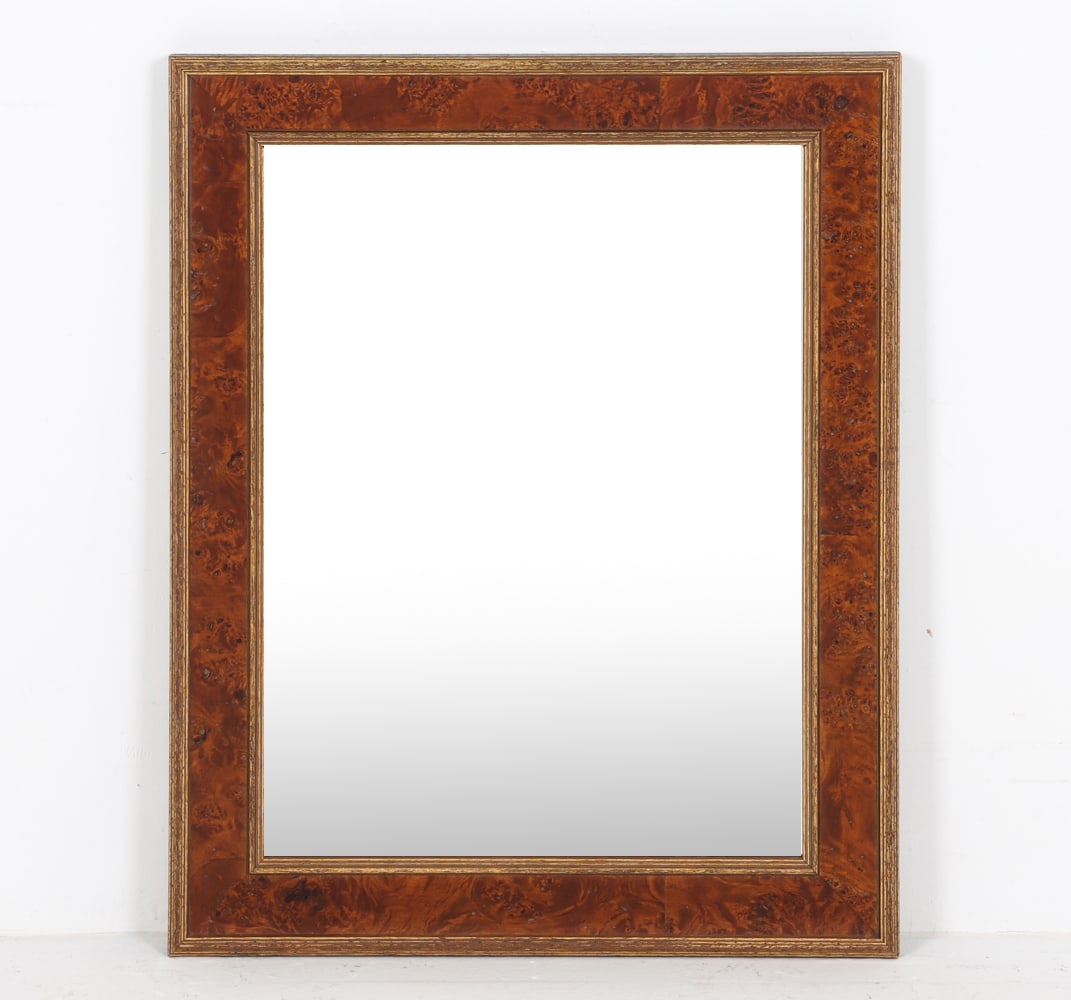 BURL FRAMED WALL MIRROR: Contemporary, Beveled glass. Dimensions: H 30" x W 24". Condition: No issues to note.