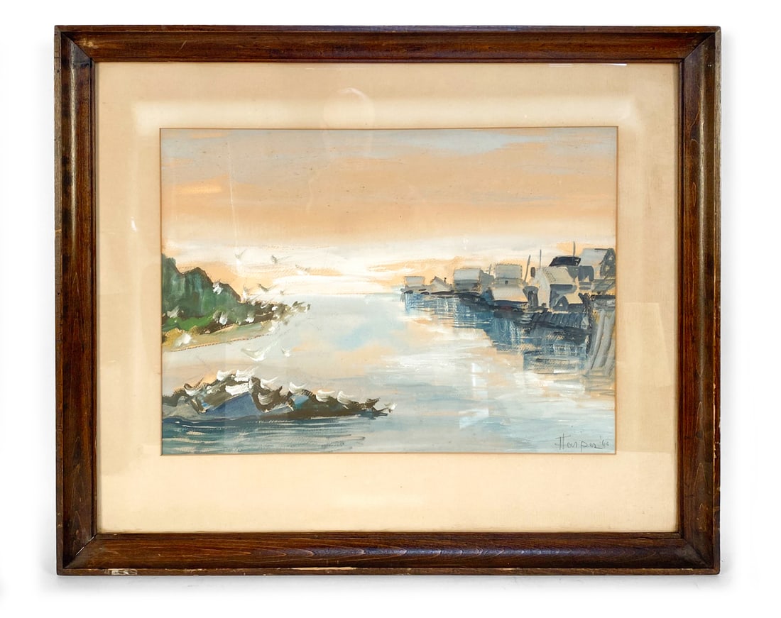1960 WATERCOLOR LANDSCAPE: Signed indistinctly to corner. Dated 1960 Dimensions: Frame: H 27" x W 32.25" Sight: H 16.25" x W 23.75" Condition: Nicks and dings to frame edges. Discoloration of mat board due to sun fading. Wear c