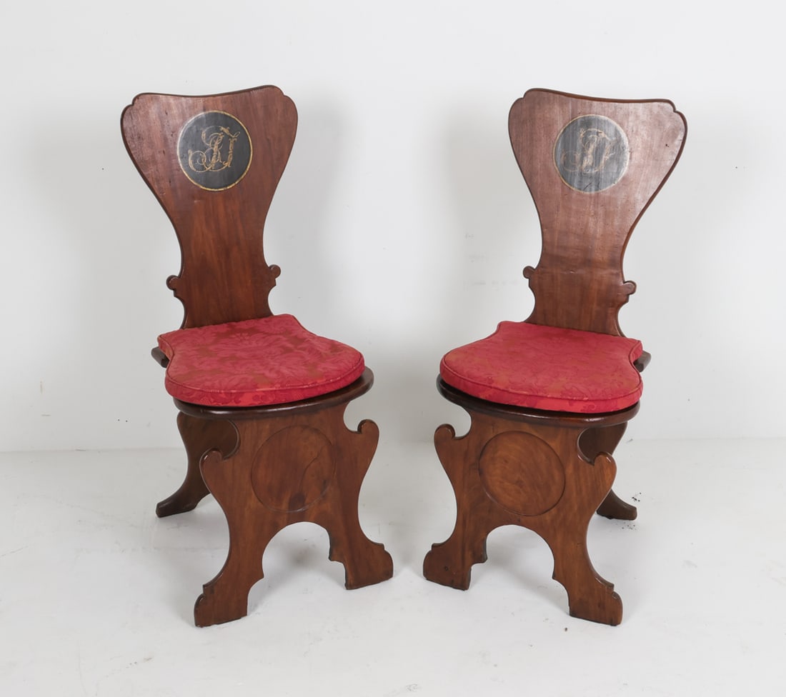 PAIR OF ENGLISH MAHOGANY HALL CHAIRS 19TH C. (1 of 12)