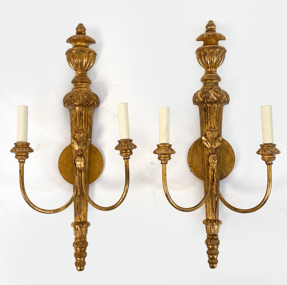 PAIR OF FRENCH STYLE GILT SCONCES: Contemporary, Each with (2) faux candlesticks and shades. Dimensions: H 26" x W 14" x D 7.5" Condition: A few very light surface scuffs.