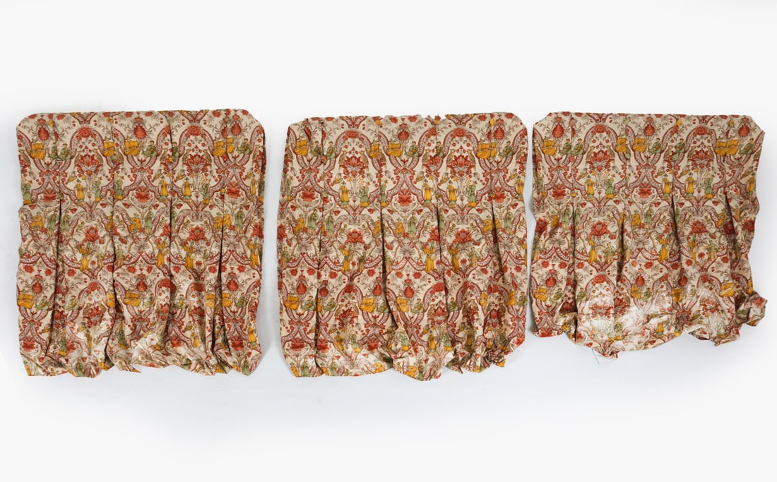 CHINOISERIE CURTAIN GROUPING: Heights are adjustable with drawstring. Dimensions: H 58" x W 51". Condition: Drawstring plastic cap on one is cracked. Some sun fading. Wear consistent with age and use.