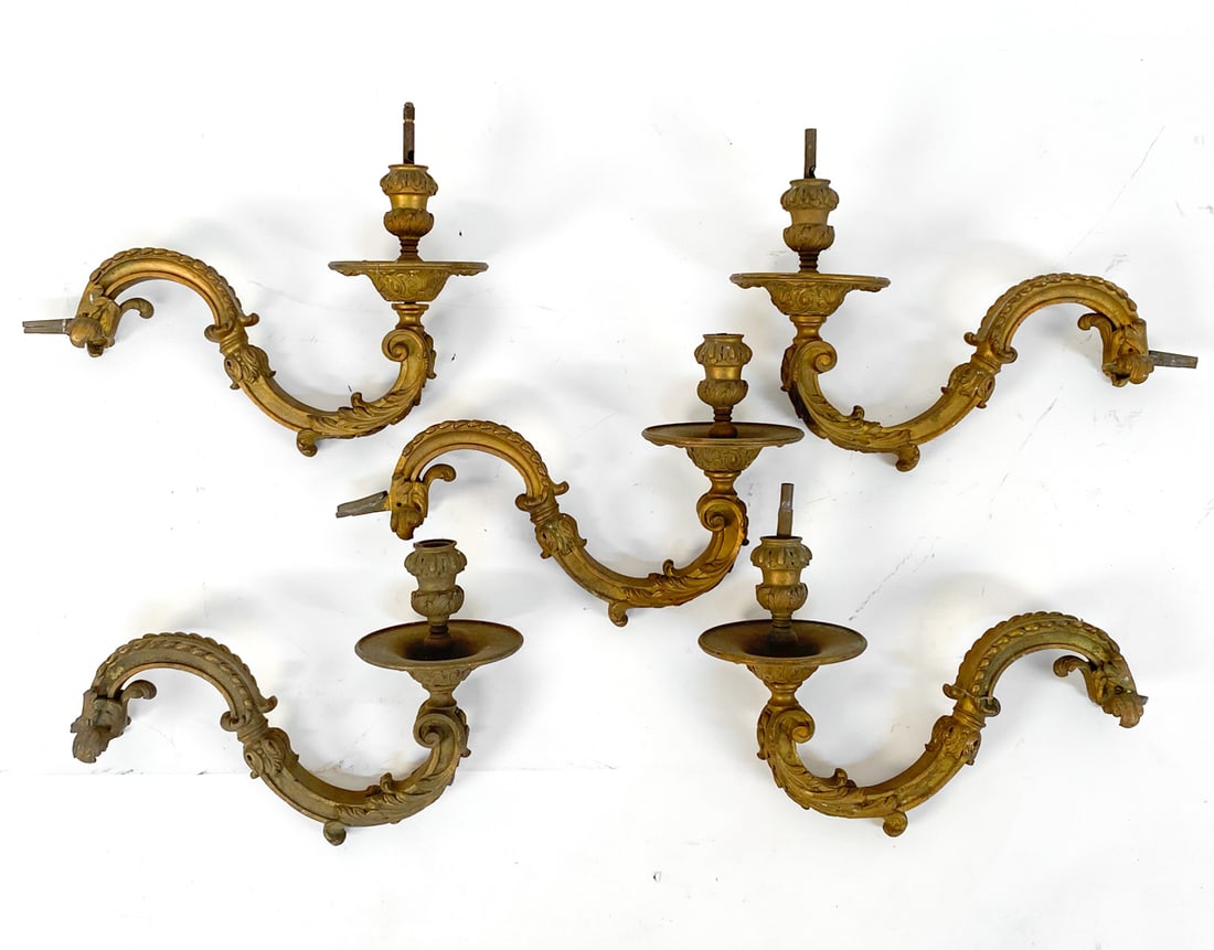 19TH C. GILT BRONZE CHANDELIER ARMS: No wiring included. Dimensions: H 10.5" x W 5.5" x D 15.5". Condition: General surface soiling and discoloration, few scuffs and scratches. Wear consistent with age and use.