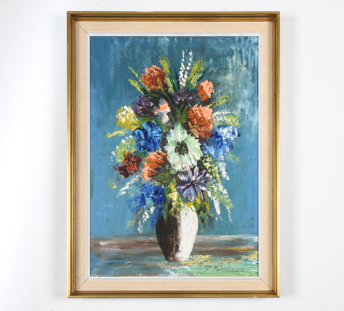 K. JACOBSEN (DENMARK, B.1920) STILL LIFE O/C: Signed by artist in lower right corner. Oil on canvas. Mid 20th century. Dimensions: Frame H 28.75" x W 22". Canvas H 25.5" x W 18". Condition: Few minor scuffs and rubs to frame finish. DMM003