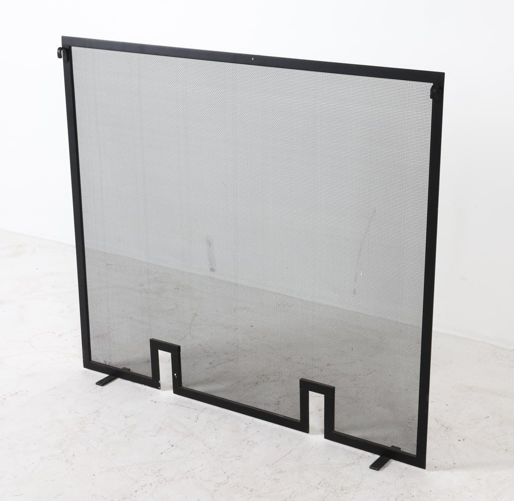 IRON FIREPLACE SCREEN: Dimensions: H 39.5" x W 34.5" x D 5.5" Condition: Slight surface soiling. Wear consistent with age and use.