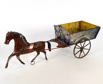 ANTIQUE 19TH C. TIN HORSE & CART TOY
