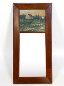ANTIQUE REVERSE PAINTED GLASS MAHOGANY MIRROR