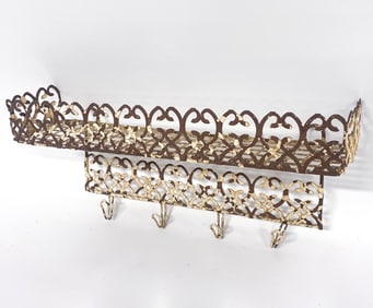 VINTAGE ORNATE METAL COAT RACK & SHELF