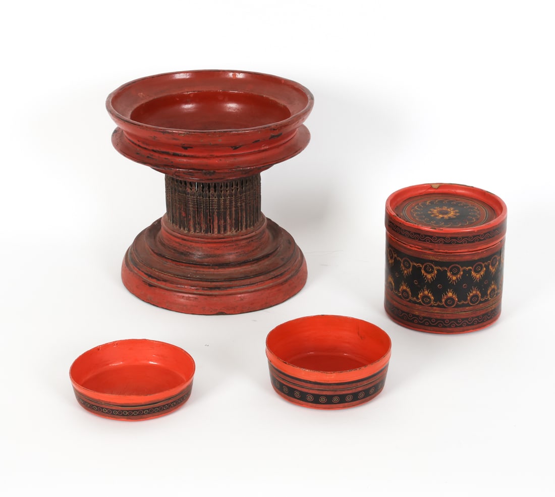 BURMESE LACQUER BOWL GROUPING: Dimensions: Stand H 9" x Dia. 8.5". Condition: Scratches, scuffs, and rubs to finish. Small dents, some surface soiling. Wear consistent with age and use.