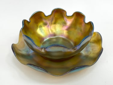 TIFFANY FAVRILE IRIDESCENT GLASS BOWL & UNDERPLATE