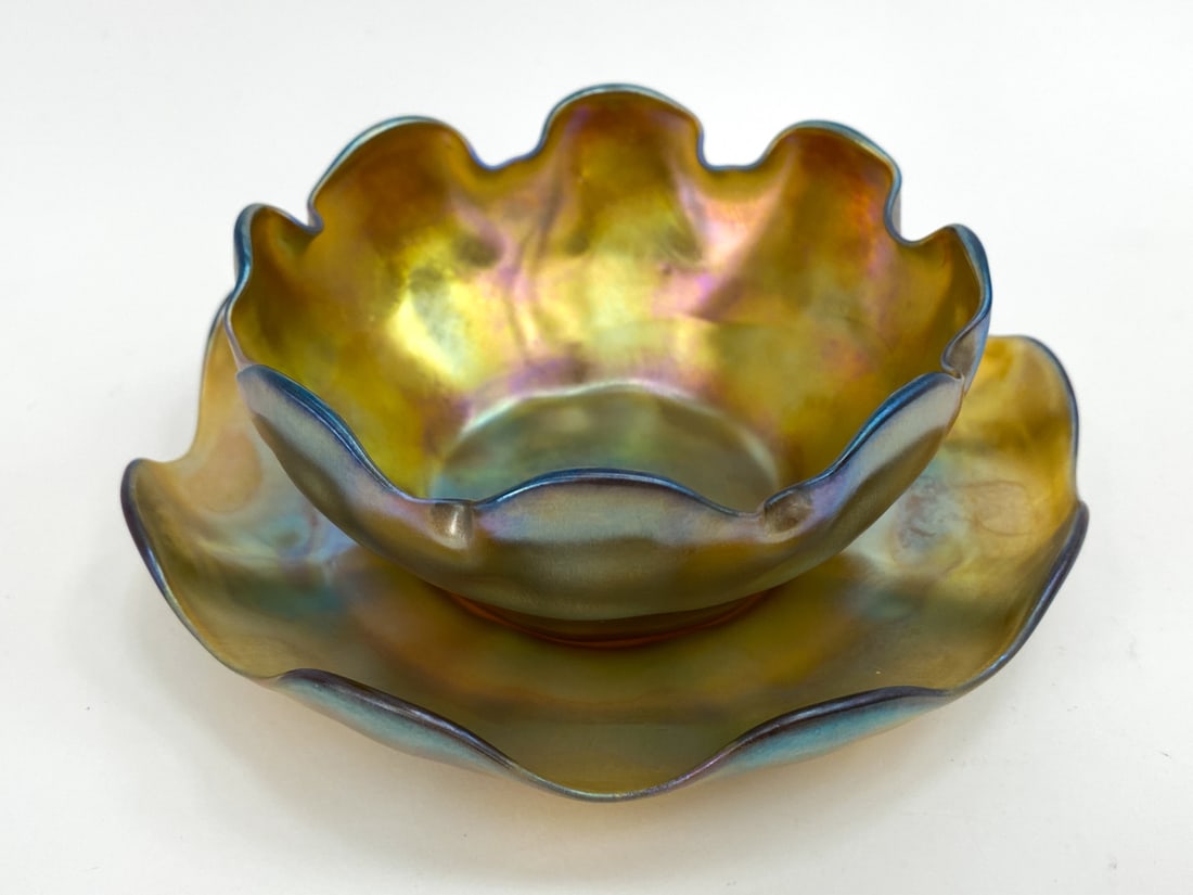 TIFFANY FAVRILE IRIDESCENT GLASS BOWL & UNDERPLATE