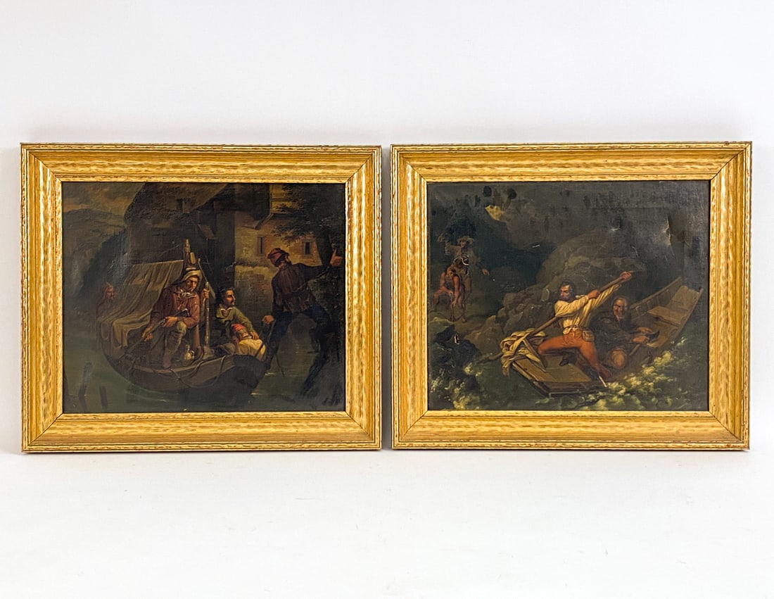 19TH CENTURY O/C SHIP PAINTINGS: 2 oil paintings on canvas. Frames: H 16.5" x W 16.25" Canvas: H 12.75" x W 15.5" Condition: One canvas with evident loss and tears, one with a slight scuffs to center. Nicks and rubbing to frame edges