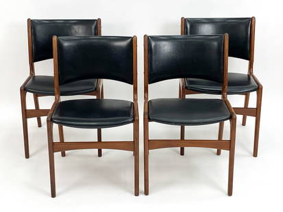 (4) ERIK BUCH FOR POVL DINESEN DINING CHAIRS: Model 89 chairs designed by Erik Buch for Povl Dinesen dining chairs in original black vinyl and teak frames. Apparently unsigned. Danish, circa 1960's. Dimensions: H 31.75" x W 19" x D 18" x SH 18" C