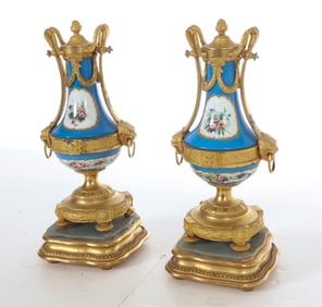 PAIR FRENCH ORMOLU CELESTE BLUE URNS 19TH C.