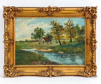 ANTIQUE COTTAGE LANDSCAPE O/C PAINTING
