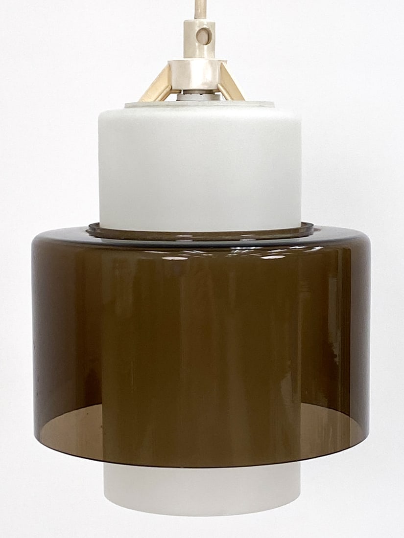 DANISH FOG MORUP STYLE GLASS PENDANT LIGHT: Circa 1960's. In the manner of Fog Morup. Dimensions: H 7.75" x Dia 7" Condition: Scattered nicks and dings to cut glass edges. Minor surface soiling to top half of glass. Wear consistent with age and