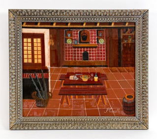 P. COVIELLO FOLK ART O/C INTERIOR SCENE PAINTING