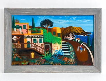 P. COVIELLO FOLK ART LANDSCAPE O/C PAINTING