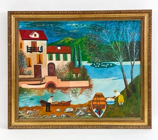 P. COVIELLO FOLK ART LANDSCAPE O/C PAINTING
