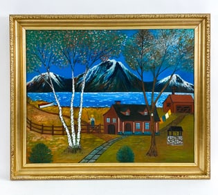 20TH CENTURY FOLK ART LANDSCAPE O/C PAINTING