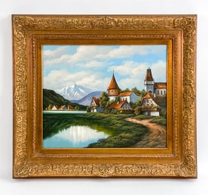 SWEDISH VILLAGE LANDSCAPE O/C PAINTING