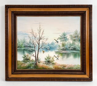 DUCKS IN FLIGHT 20TH CENTURY O/C PAINTING