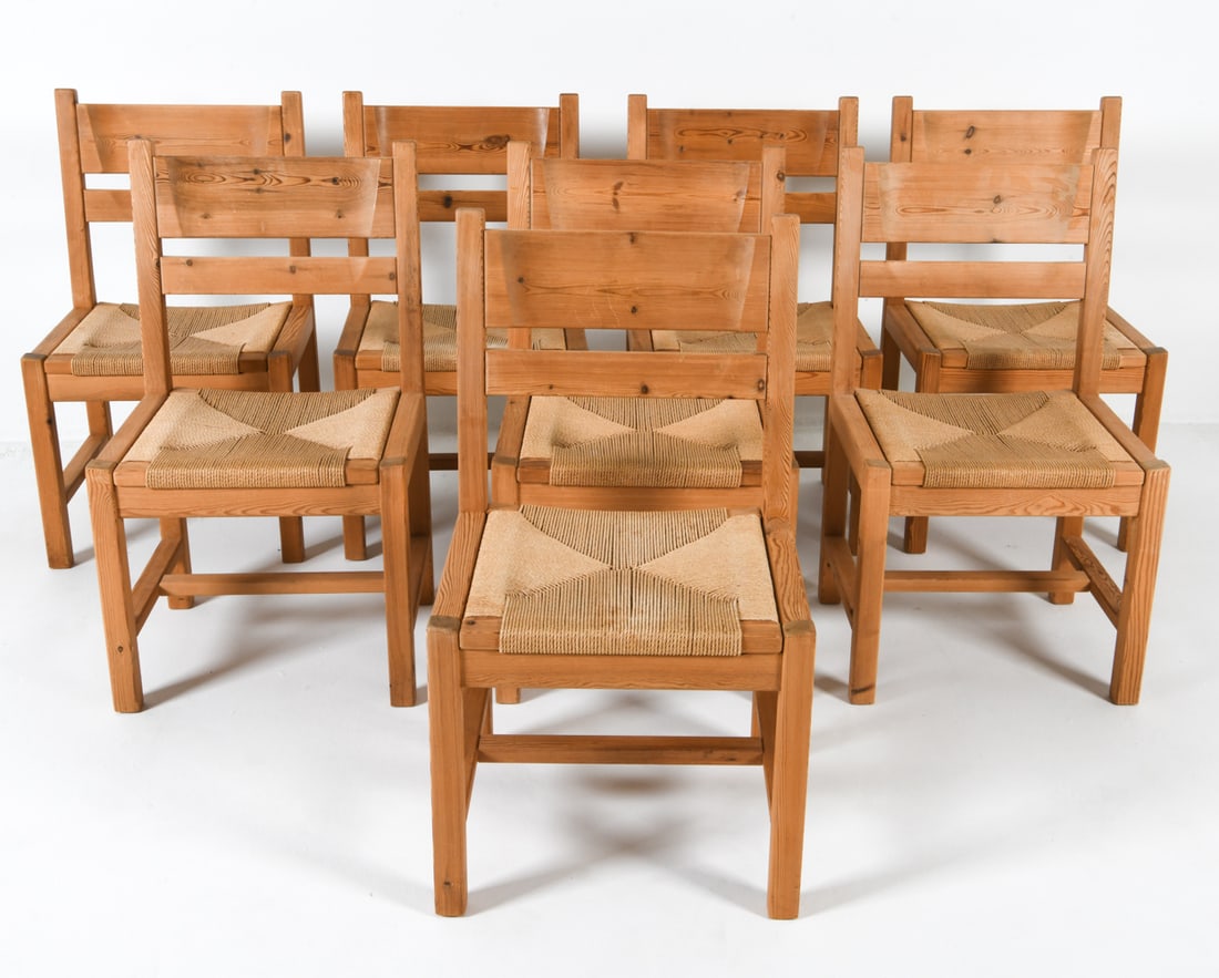 (8) DANISH PINE & PAPERCORD DINING CHAIRS: Denmark, circa 1970's. Dimensions: H 34" x W 19.25" x D 17" x SH 17". Condition: Minor scratches, few faint water marks to wood. Wear consistent with age and use. N092