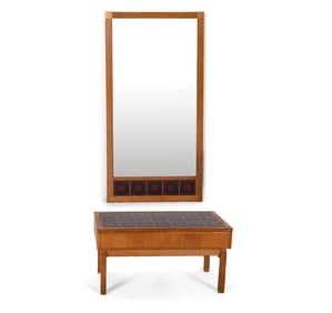 DANISH OAK & TILE LOW CHEST W/ MIRROR