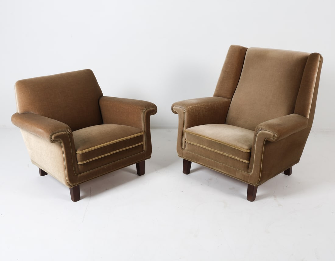 PAIR OF DANISH MOHAIR LOUNGE CHAIRS C. 1960S: His and Hers. Mohair upholstery with fabric rope trim. Beech legs. Dimensions: Largest H 37" x W 36.25" x D 28" x SH 15.25". Condition: Some wear to mohair on arms. Minor scuffs and dings to legs. Few