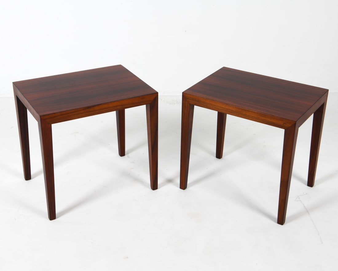 PAIR SEVERIN HANSEN DANISH ROSEWOOD SIDE TABLES: Dimensions: H 17.5" x W 18.5" x D 14". Condition: Very light surface scratches to tops. Wear consistent with age and use. DMN102