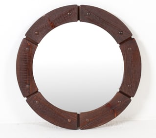 DANISH PINE ROUND WALL MIRROR C. 1970S