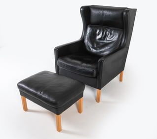 ATTR. BORGE MOGENSEN LEATHER CHAIR W/ OTTOMAN