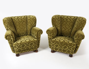 PAIR OF DANISH DAMASK LOUNGE CHAIRS C. 1950S
