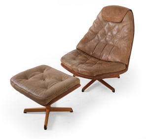 MADSEN & SCHUBELL LEATHER SWIVEL CHAIR & OTTOMAN