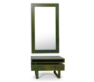 DANISH GREEN PAINTED BEECH LOW CHEST W/ MIRROR