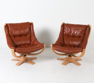 PAIR SVEND SKIPPER BEECH & LEATHER LOUNGE CHAIRS