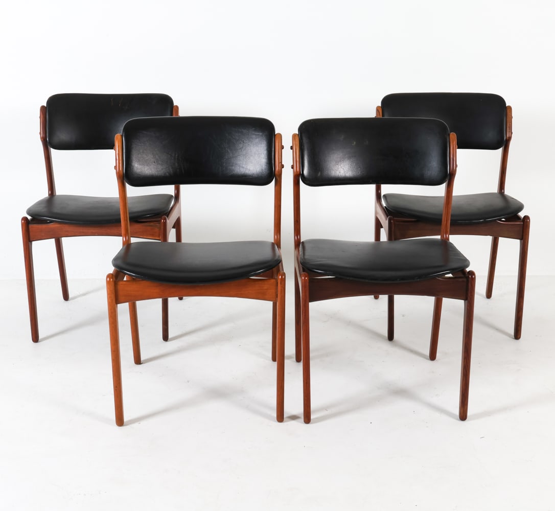 (4) ERIK BUCH MODEL 49 DANISH TEAK DINING CHAIRS: For Odense. Tags underneath. Leather upholstery. Denmark, circa 1960's. Dimensions: H 31.5" x W 19.5" x D 17" x SH 18". Condition: Some splitting to leather on corners, with scuffs and scratches to wo