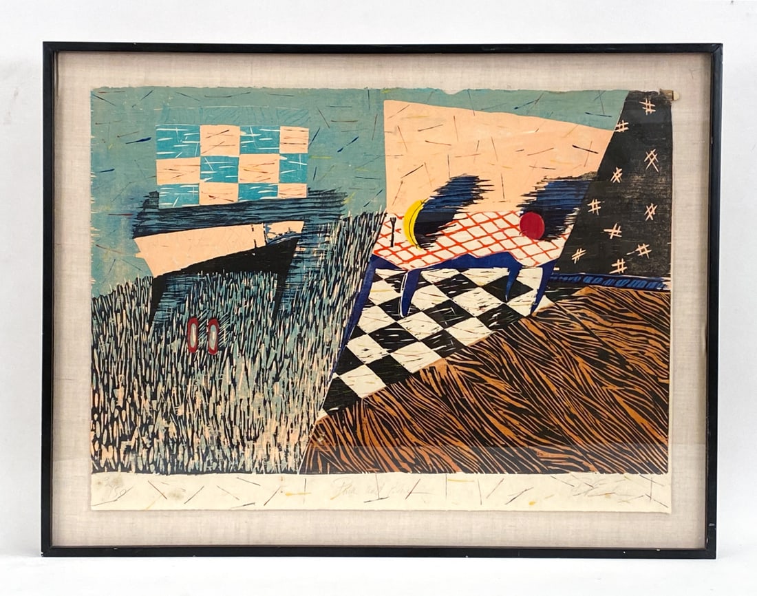 ROCHELLE FEINSTEIN (B.1947) WOODCUT PRINT: Signed vaguely to margin by artist, edition 30/50 Titled 'Pink and Blue' Frame: H 26.5" x W 34.75" Art: H 21.75" x W 30" Condition: Scattered scuffs and marks to wood frame. Minor surface soiling to g