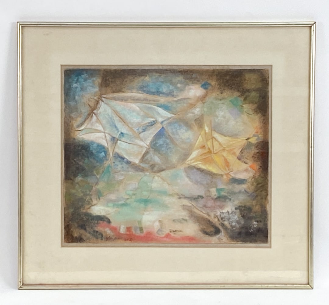 DAVID CLARKE 1985 ABSTRACT PASTEL ON PAPER: Signed and dated 1985 to corner. With label from the Taylor Galleries. Pastel on paper. Frame: H 24.25" x W 27" Sight: H 15.75" x W 16.5" Condition: Moderate rubbing and scuffs to gilded frame. Slight