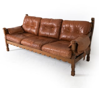 DUTCH BRUTALIST OAK & LEATHER SOFA C. 1970S